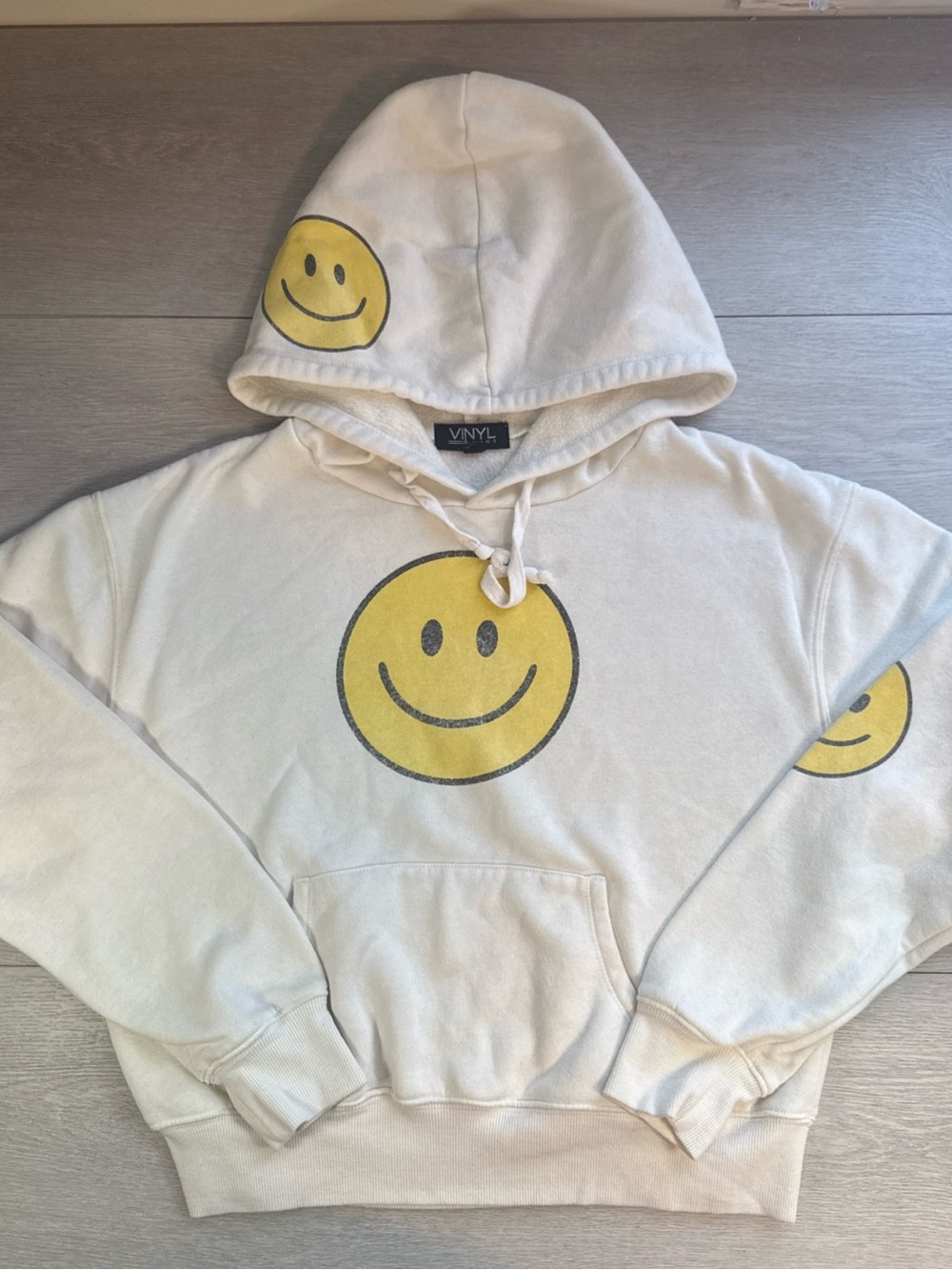 Vinyl Icons Smiley Face Hoodie Large Cream White All Over Graphic Sweatshirt L